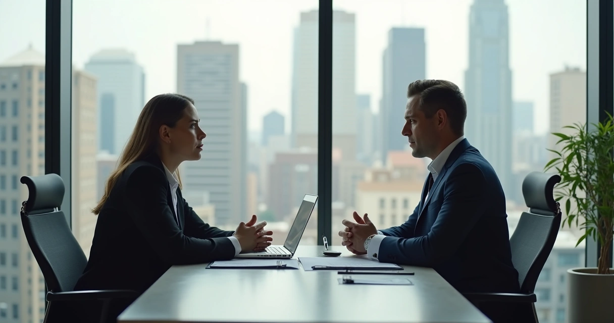 Duas pessoas em uma entrevista de emprego com expressões focadas e ambiente de escritório moderno