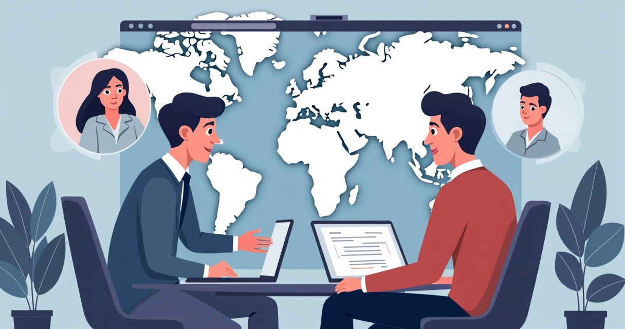 Entrevista de emprego internacional por videochamada, um recrutador e um desenvolvedor em uma tela dividida. 