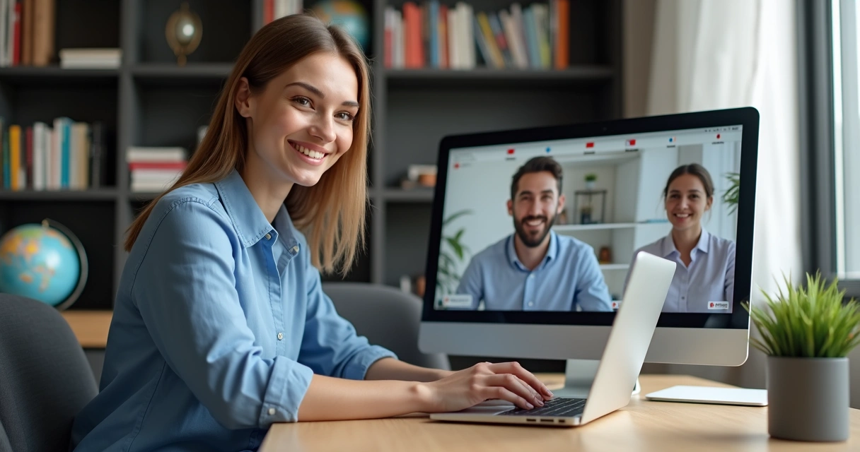 Profissional participando de entrevista por videoconferência sorrindo para a tela 