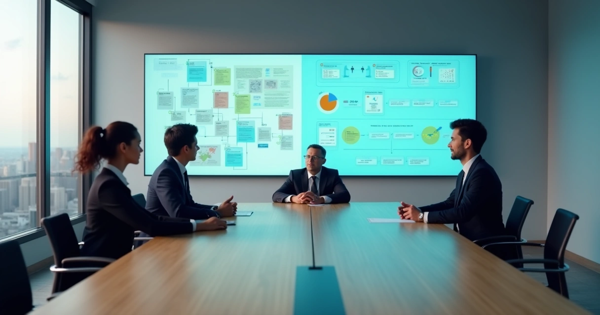 Mesa de reunião com painel dividido mostrando entrevistas justas e sem vieses 
