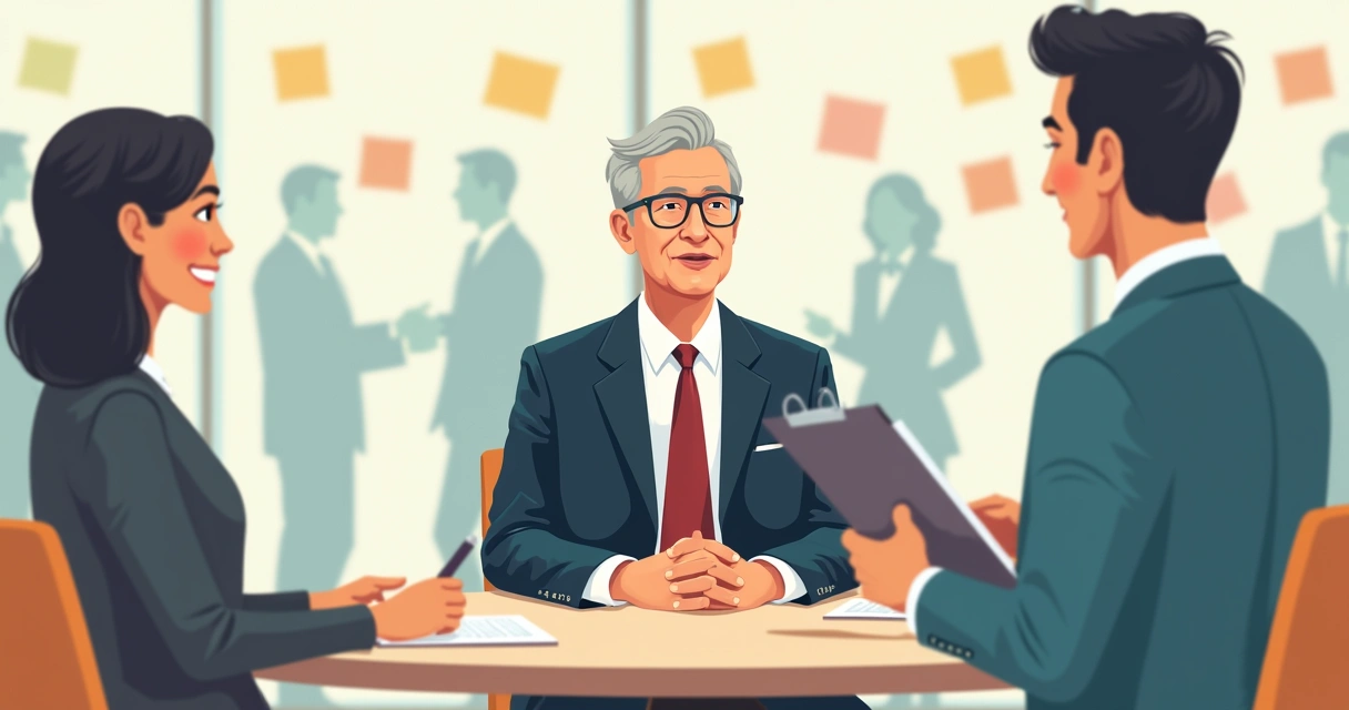 Dirigente de conselho sendo entrevistado por profissional com clipboard 