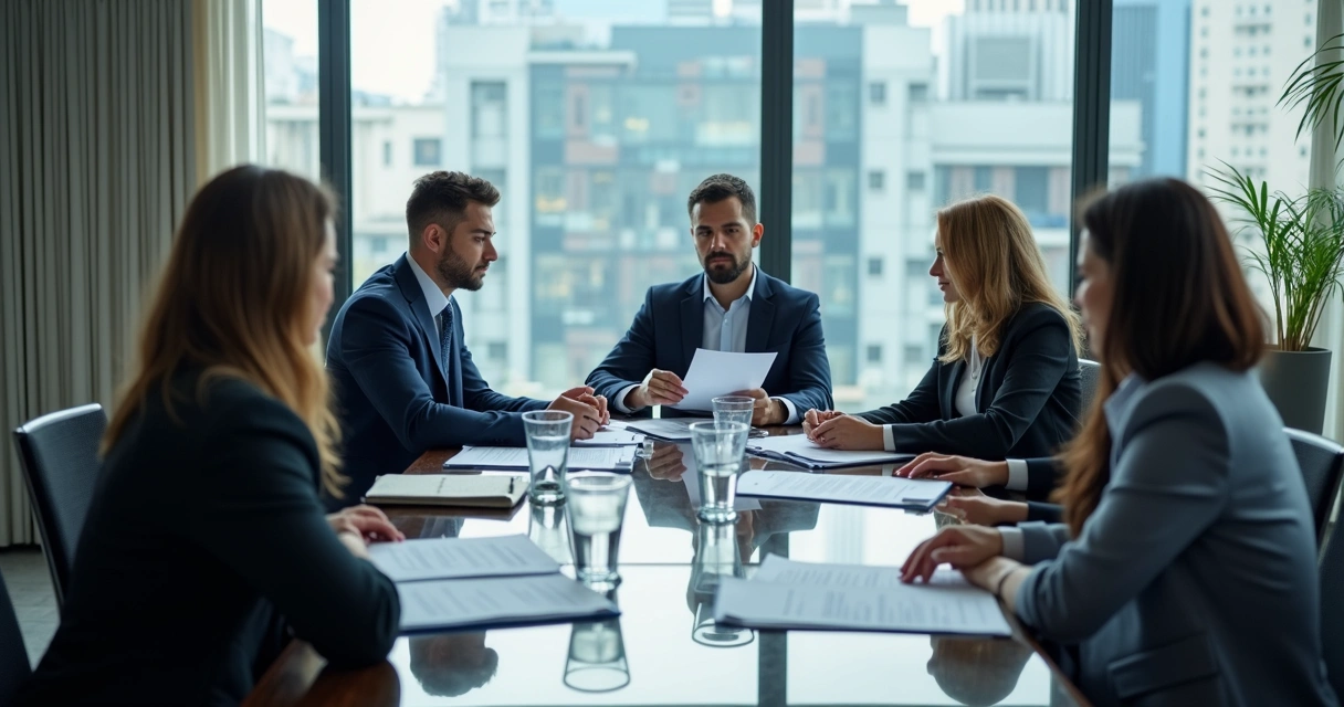 Entrevistadores avaliando liderança em reunião 