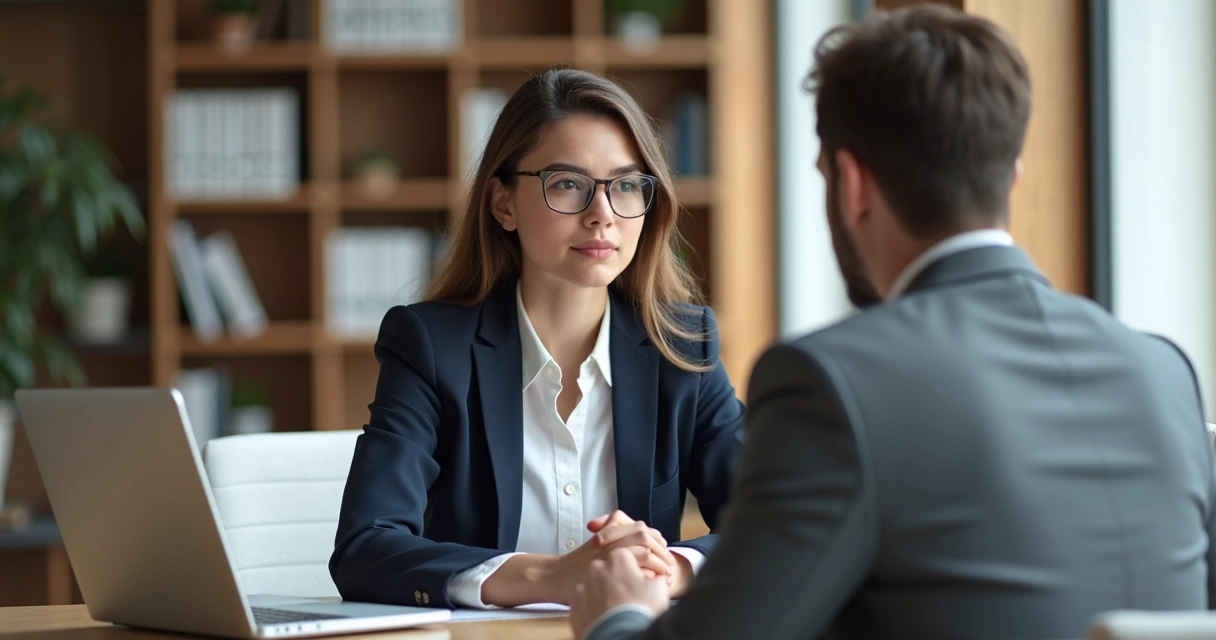 Pessoa em entrevista de emprego respondendo em idioma estrangeiro com expressão concentrada e ambiente de sala corporativa moderna 
