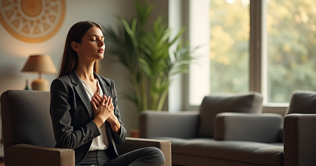 Pessoa sentada em posição tranquila, olhos fechados, mãos sobre o peito, num ambiente calmo com luz suave entrando pela janela