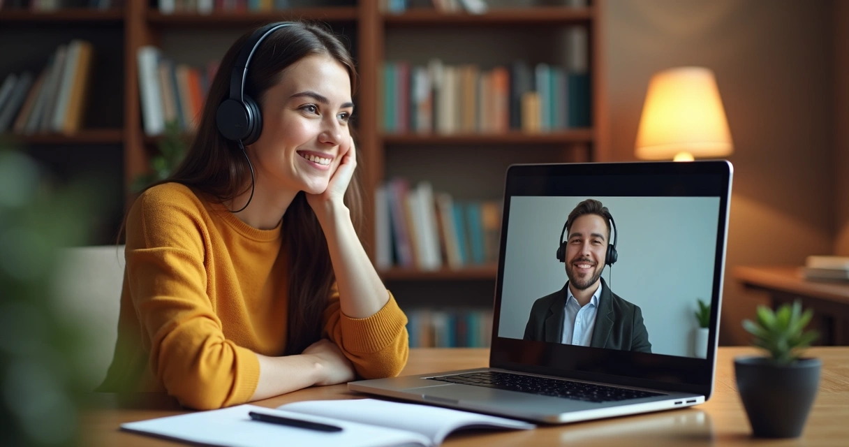 Canditato sorrindo, participando de entrevista de emprego online em inglês