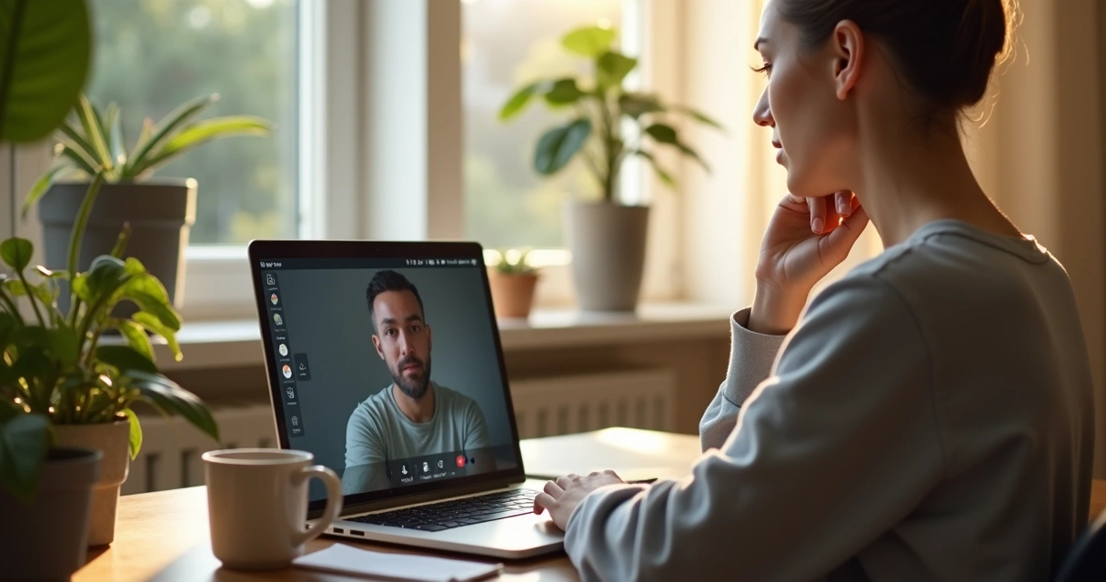 Pessoa em entrevista online em casa, com notebook e ambiente organizado 