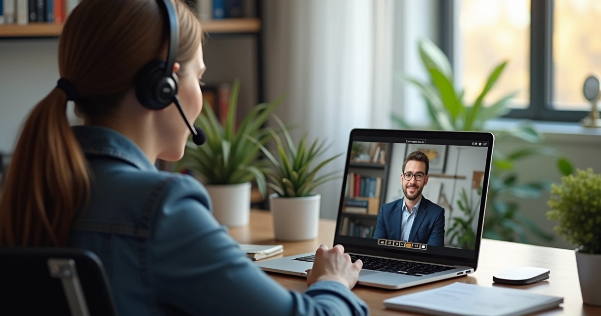 Pessoa fazendo entrevista online em inglês usando laptop em ambiente profissional organizado 