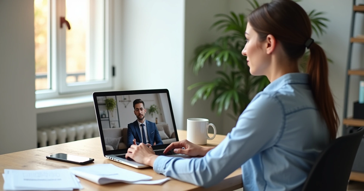 Profissional participa de entrevista online pelo notebook, sentado em mesa confortável. 
