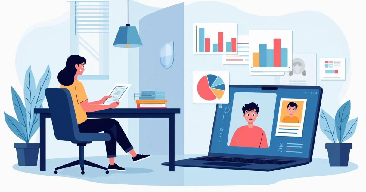 Entrevista entre candidato e gestor em tela dividida laptop 