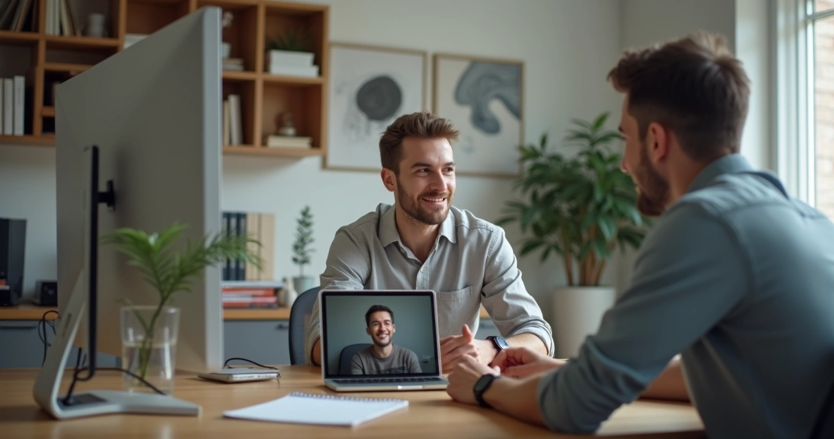 Candidato de TI em entrevista online, câmera ligada, ambiente profissional 