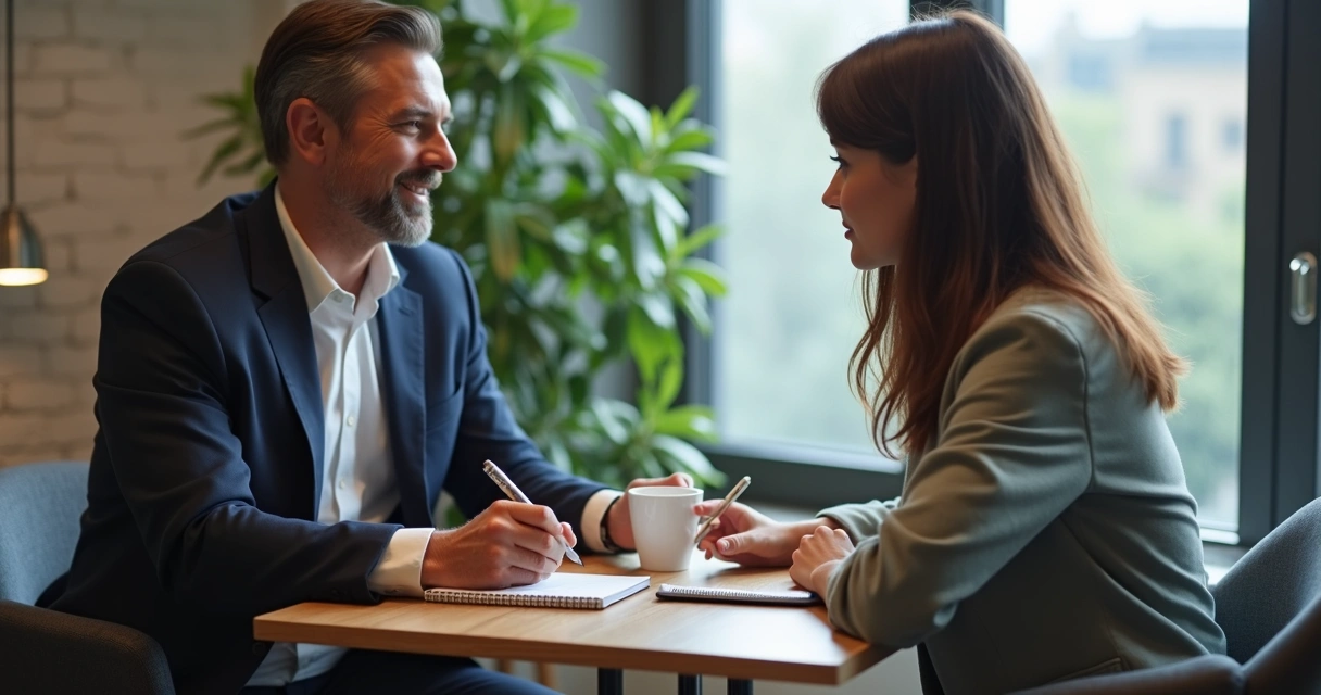 Pessoa entrevistando cliente com anotações em bloco de notas 