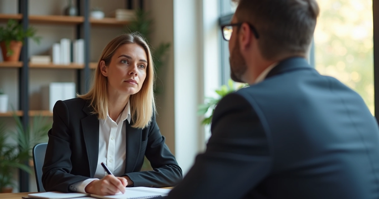 Pessoa em entrevista de emprego respondendo a perguntas inesperadas em inglês, com expressão concentrada e confiança, ambiente de escritório moderno ao fundo 