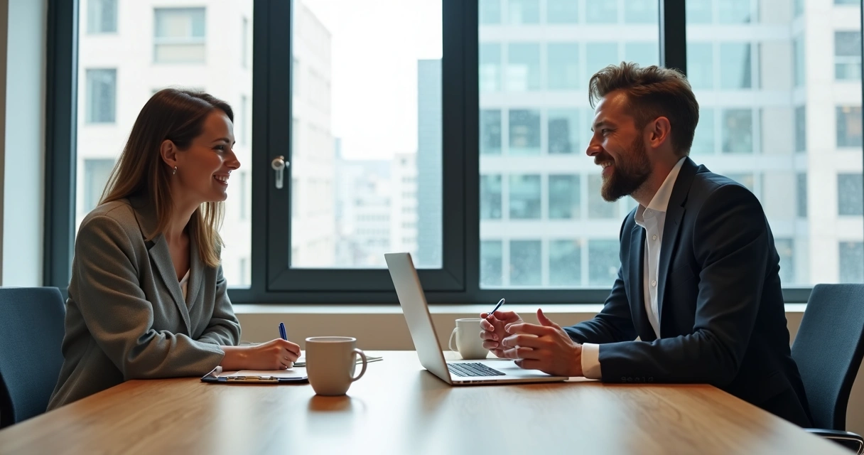 Duas pessoas conversando em uma entrevista presencial, anotando em pranchetas 