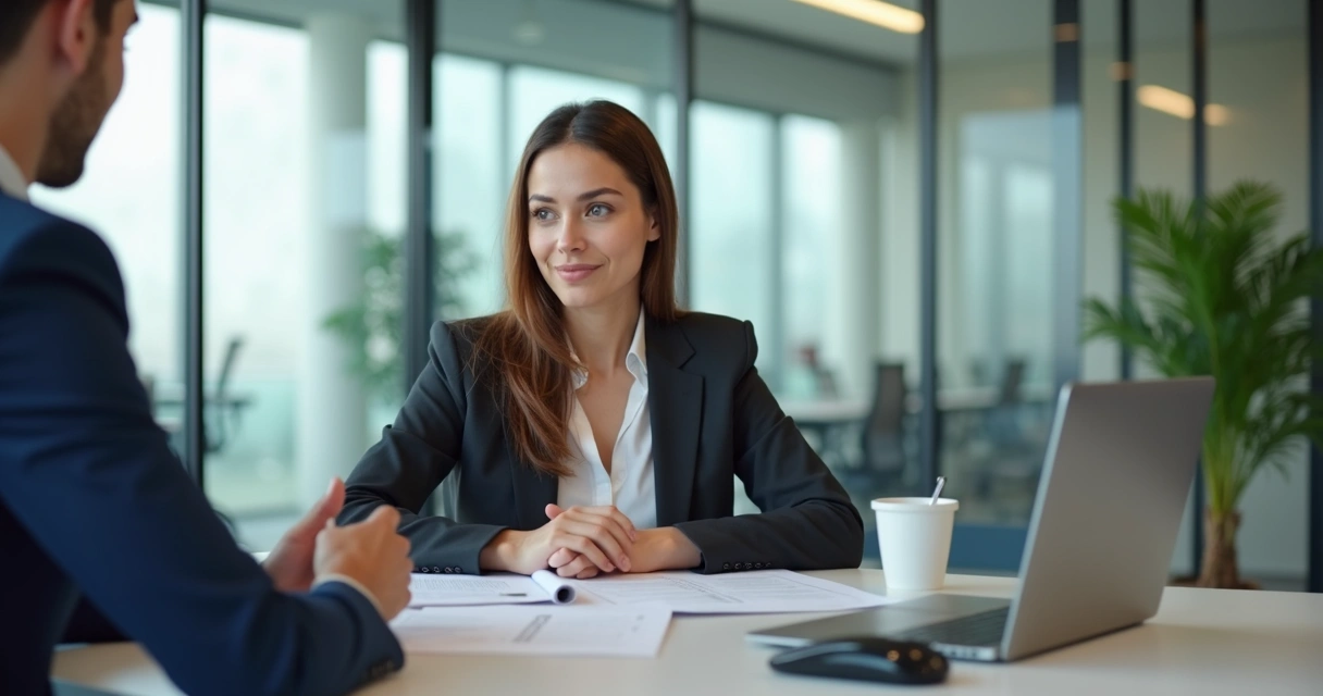Pessoa em entrevista de emprego falando sobre pontos fracos em inglês, em ambiente corporativo moderno 