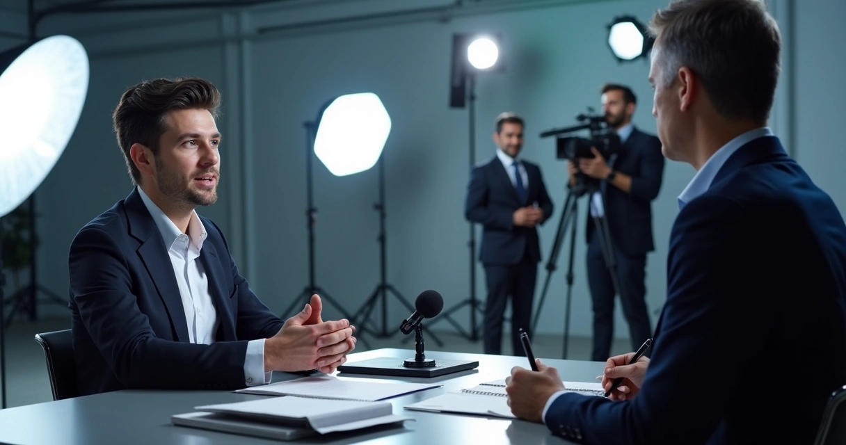 Porta-voz em entrevista para a imprensa com equipe de gravação 