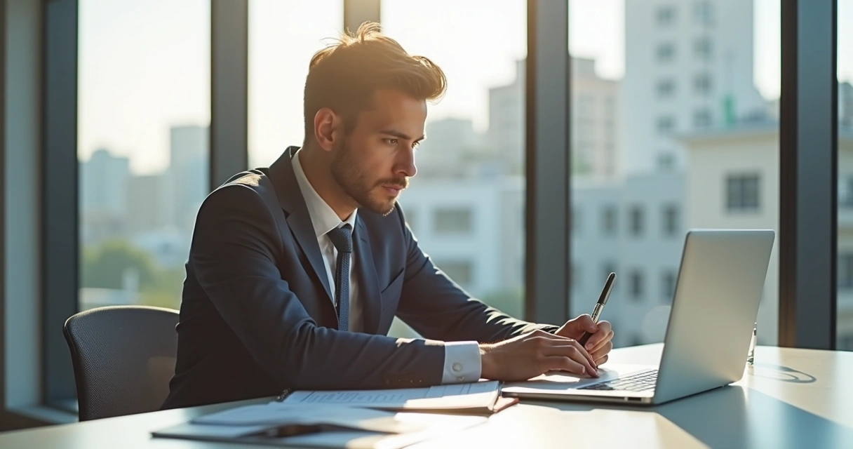 Profissional em sala moderna preparando-se para entrevista de emprego com laptop e anotações 