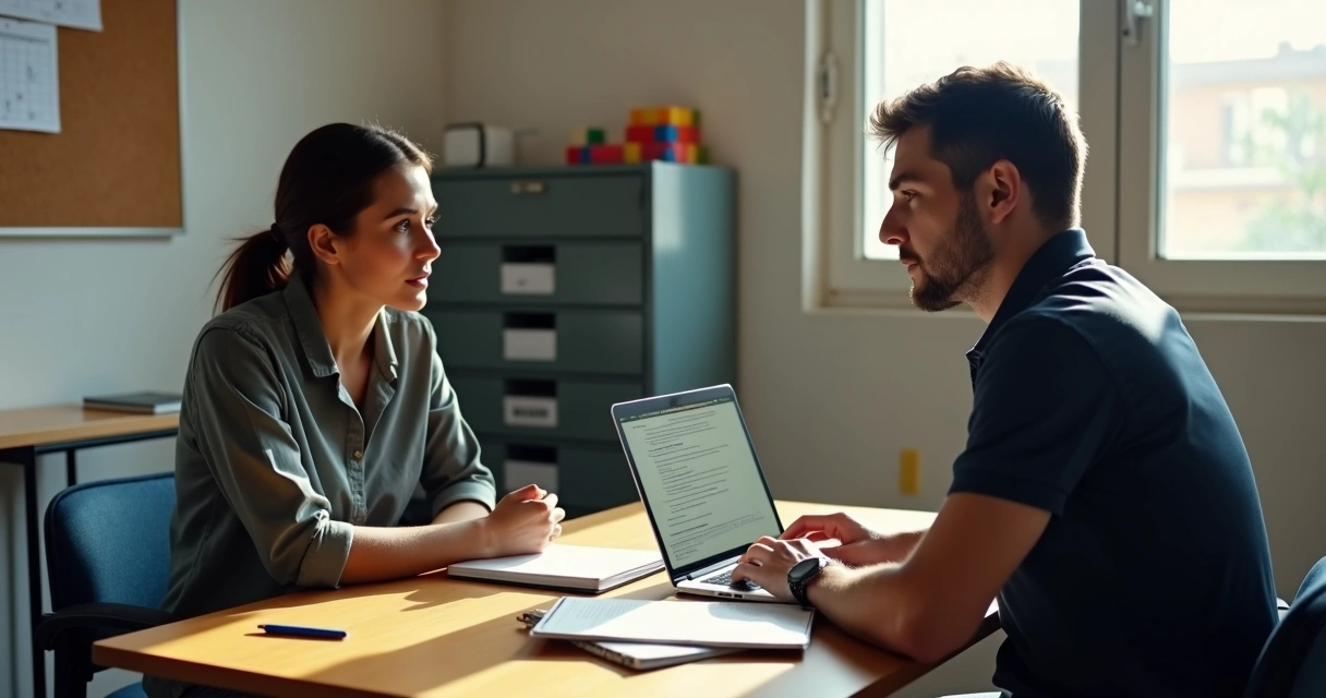 Dono de pequena empresa entrevistando candidata em escritorio simples 