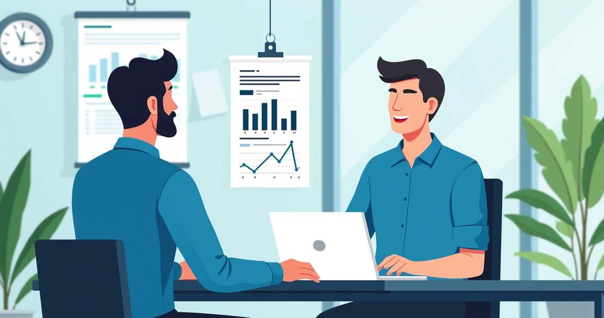 Entrevista entre gestor e candidato analisando uma folha de resultados 