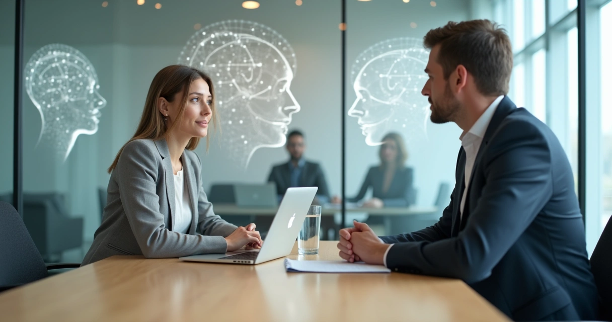 Recrutadora e candidato em entrevista com silhuetas de padrões inconscientes ao fundo 