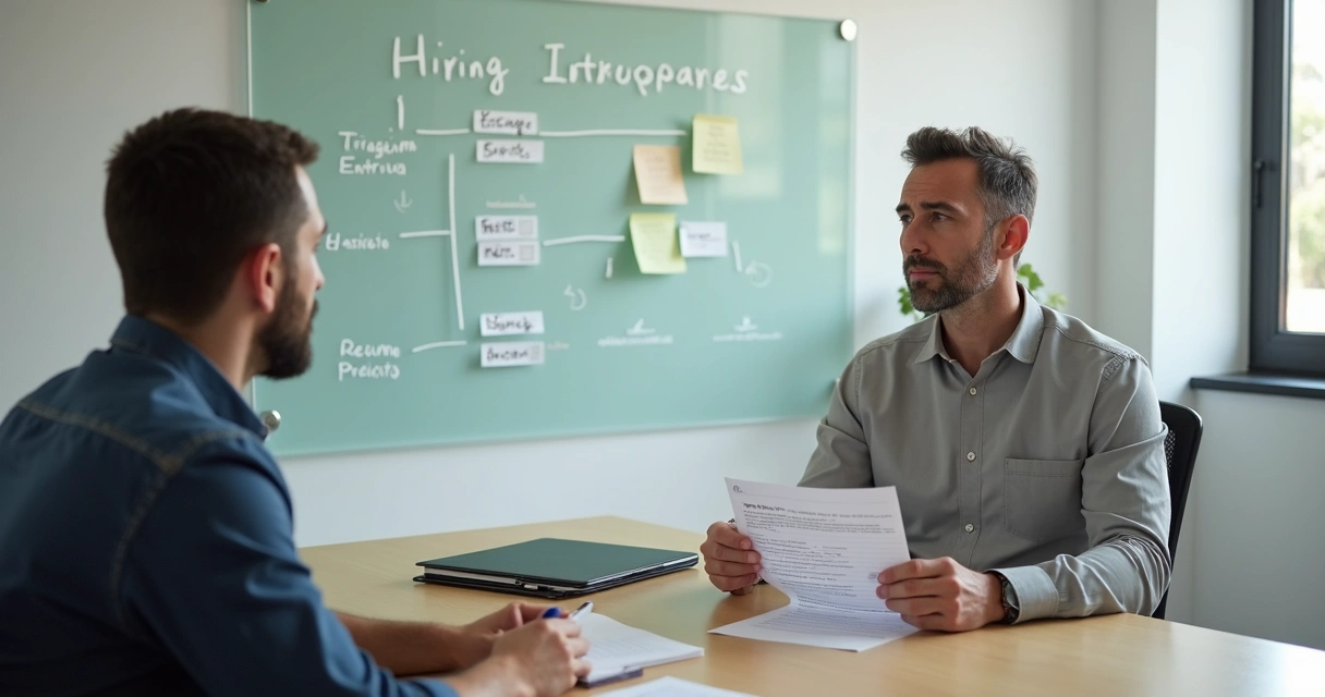 Gestor brasileiro conduzindo entrevista com roteiro impresso sobre a mesa 