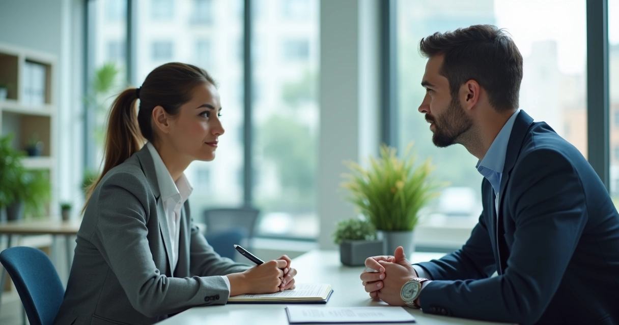 Entrevista de emprego com duas pessoas em escritório