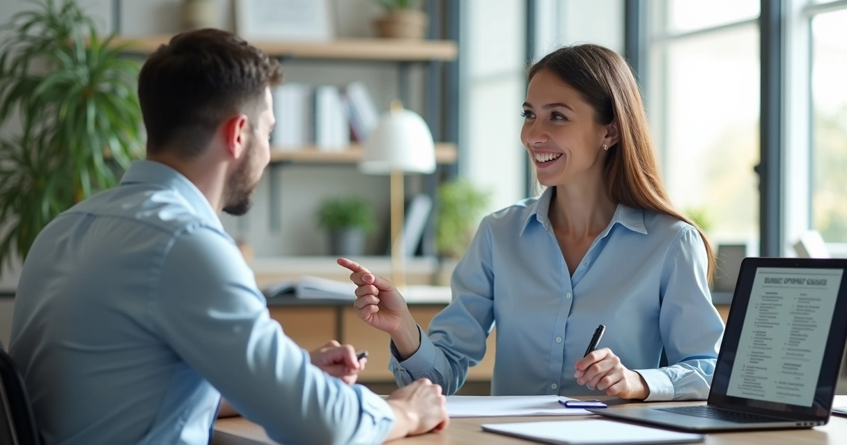 Pessoa em entrevista de emprego falando inglês, com currículo e laptop à frente, ambiente de escritório moderno e claro 