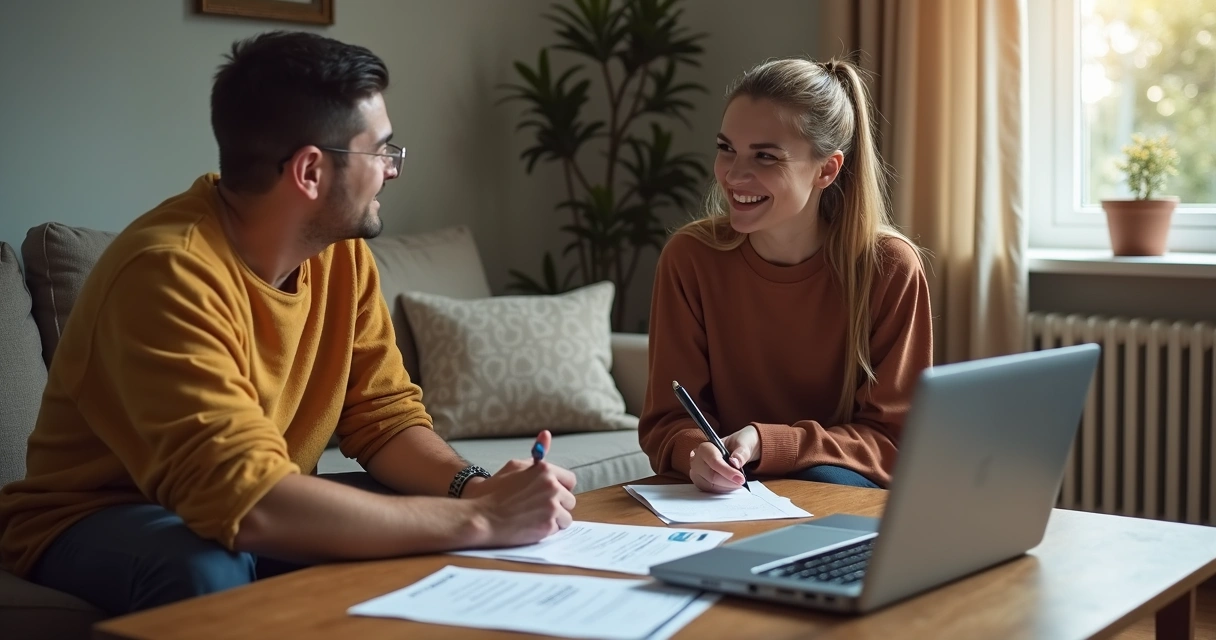 Entrevista entre locador e futuro inquilino em uma sala de estar, com documentos sobre a mesa 