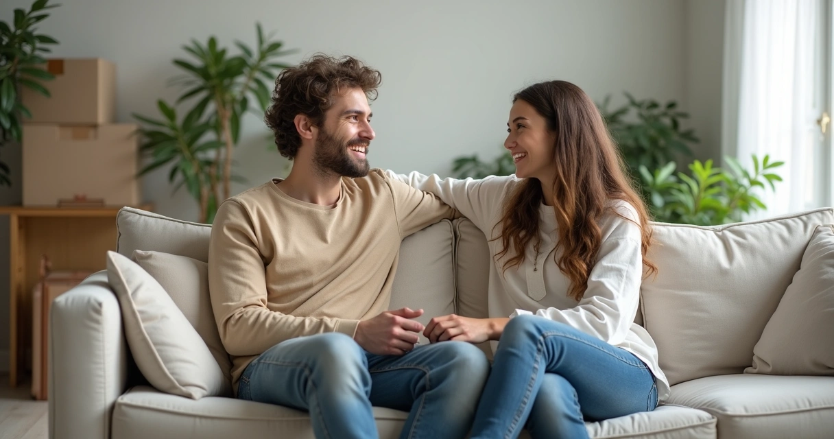 Duas pessoas conversando sentadas em uma sala com mala ao fundo 