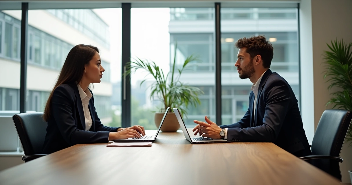 Gestor de RH realizando entrevista de emprego em sala moderna 