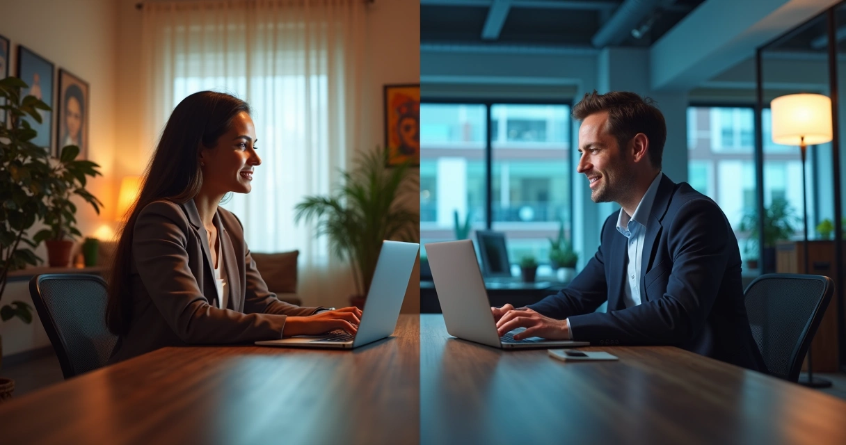 Comparação entre entrevistas de emprego remotas no Brasil e nos Estados Unidos com profissionais em vídeo chamada cada um em seu ambiente 
