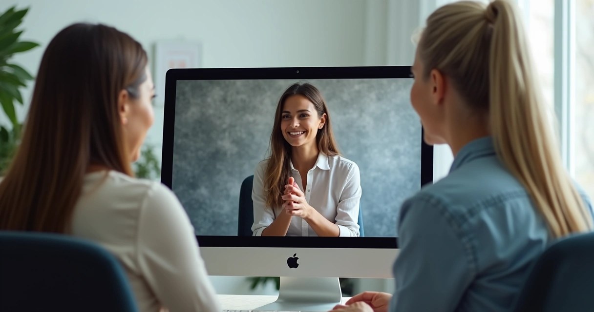 Candidato em videoconferência com dois recrutadores internacionais 