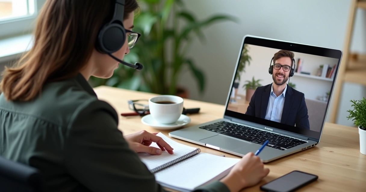 Pessoa participando de entrevista remota por videoconferência em laptop com agenda e fones de ouvido 