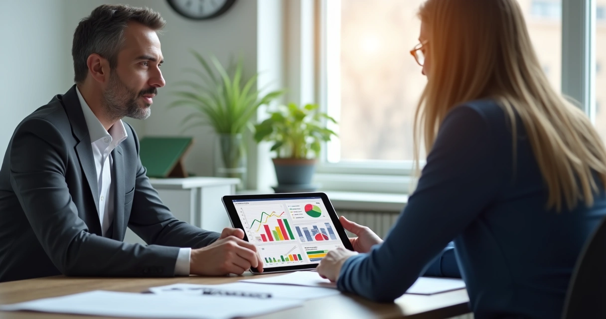 Profissional de RH analisando gráficos de custos em entrevista 