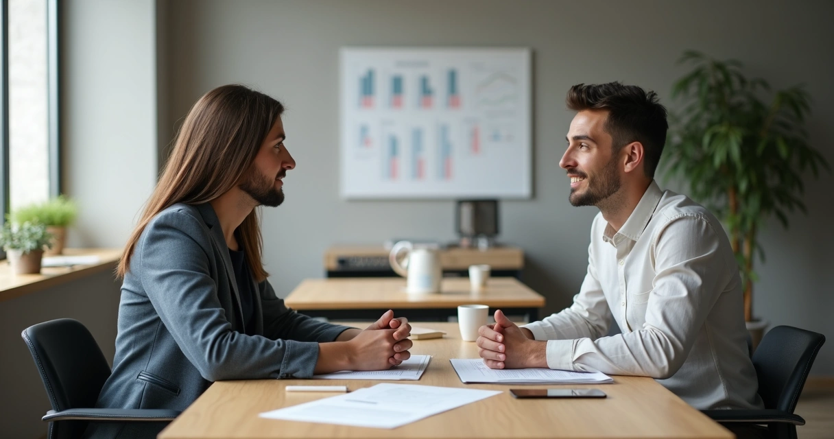 Gestor em entrevista presencial avaliando currículo sobre mesa
