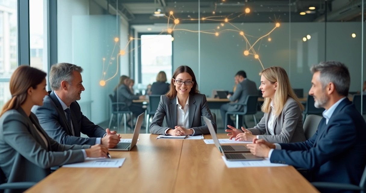 Mesa de entrevista de emprego com líderes avaliando candidata e conexões sobrepostas representando padrões sistêmicos 