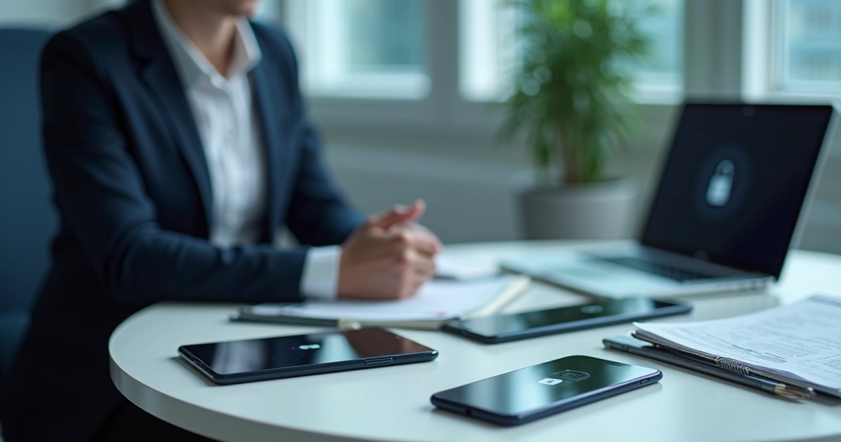 Gestor de TI analisando smartphones e tablets empresariais em uma mesa