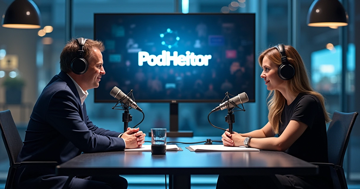 Apresentador entrevistando especialista em tecnologia em estúdio moderno 