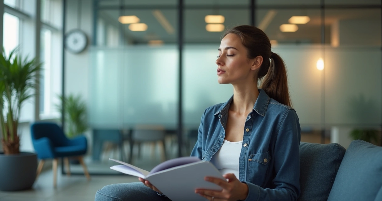 Persona respirando antes de una entrevista de trabajo en una oficina 