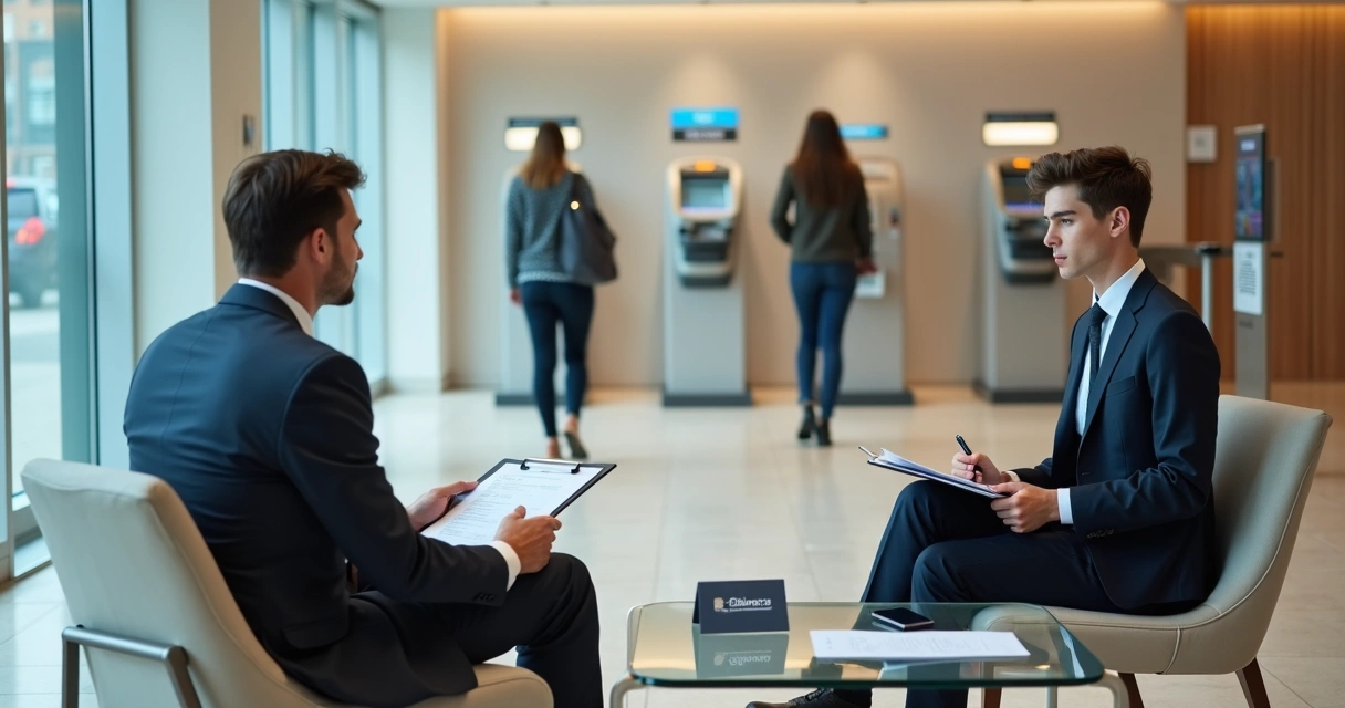 Candidato em entrevista de emprego com gerente de banco em lobby moderno 