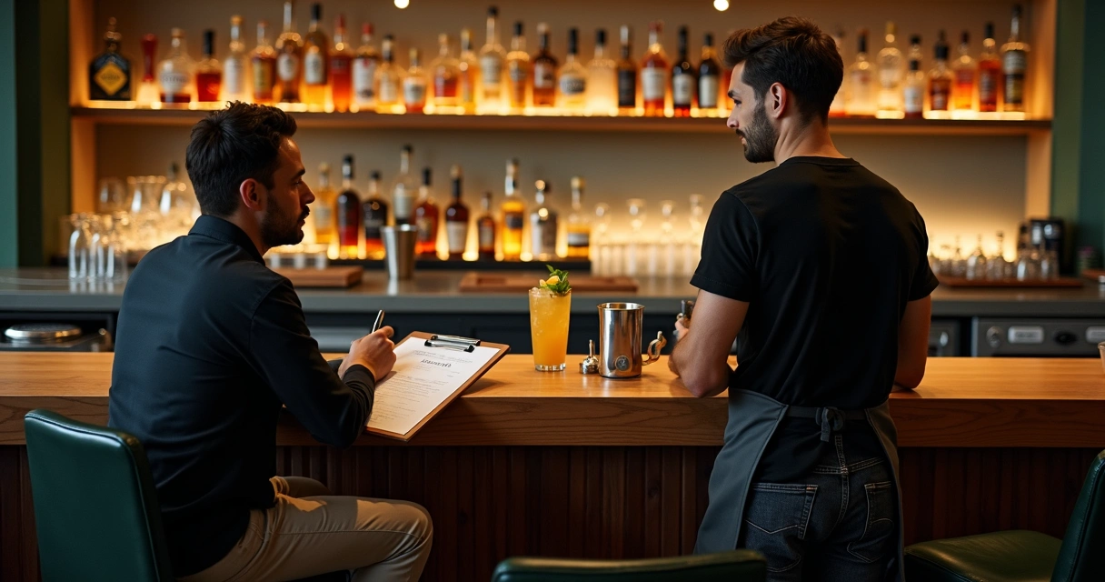 Candidato a bartender em entrevista com gerente em bar moderno 