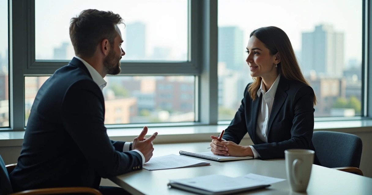 5 cuidados ao contratar funcionários americanos para sua empresa 2 Sala de entrevista com duas pessoas sentadas conversando