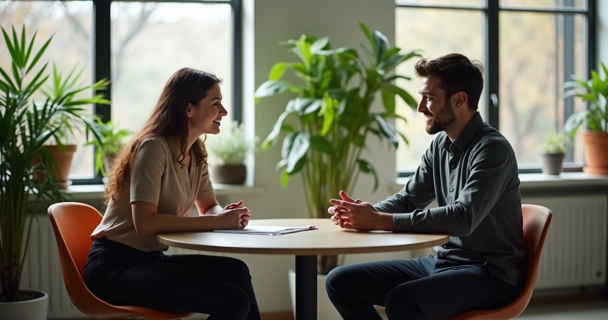Recrutador e candidato conversam em ambiente de trabalho acolhedor