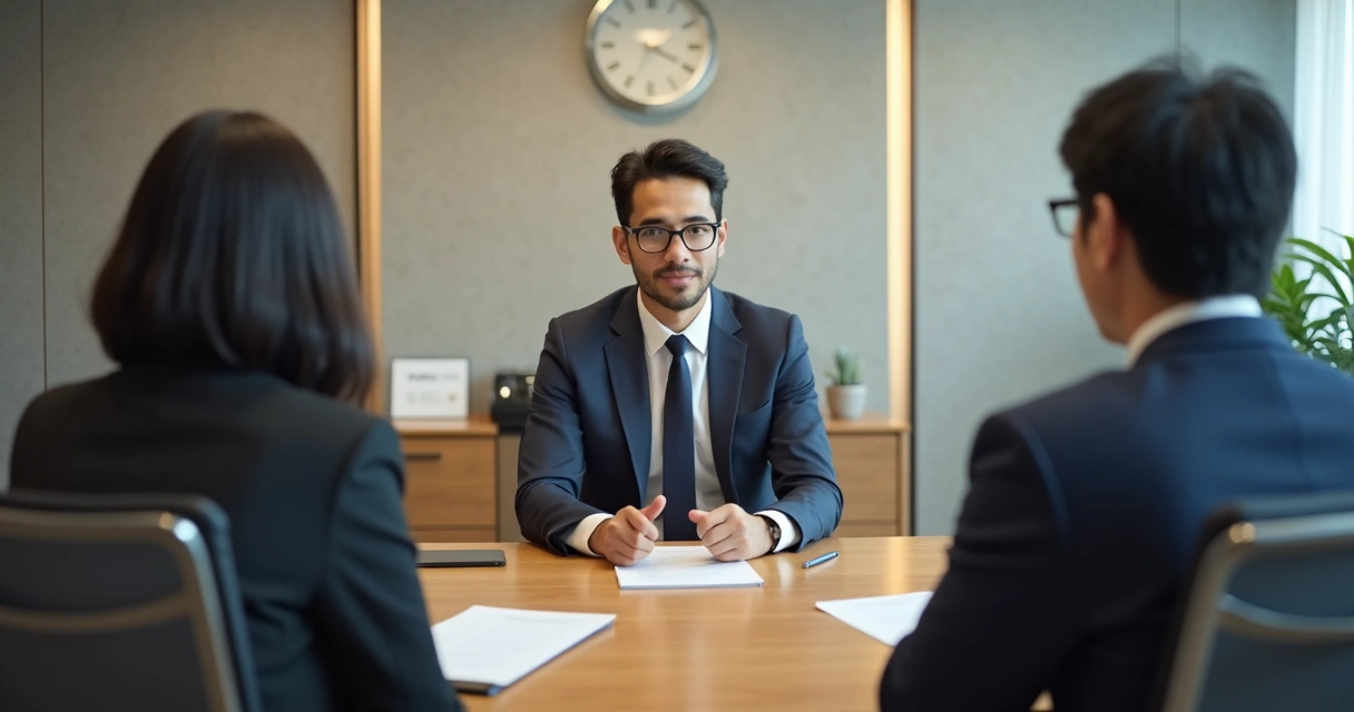 Entrevista de emprego com pessoas japonesas em sala de reunião