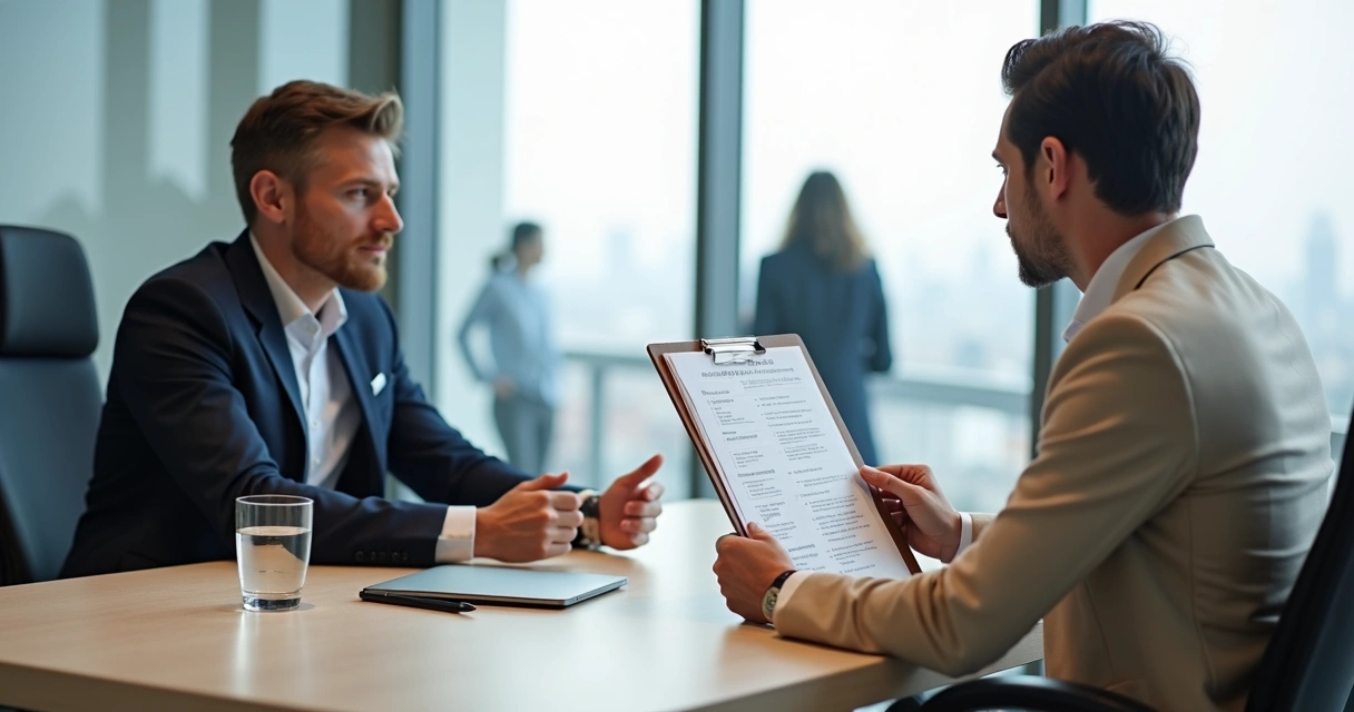 Gestor avaliando candidata em entrevista com foco em competências humanas 