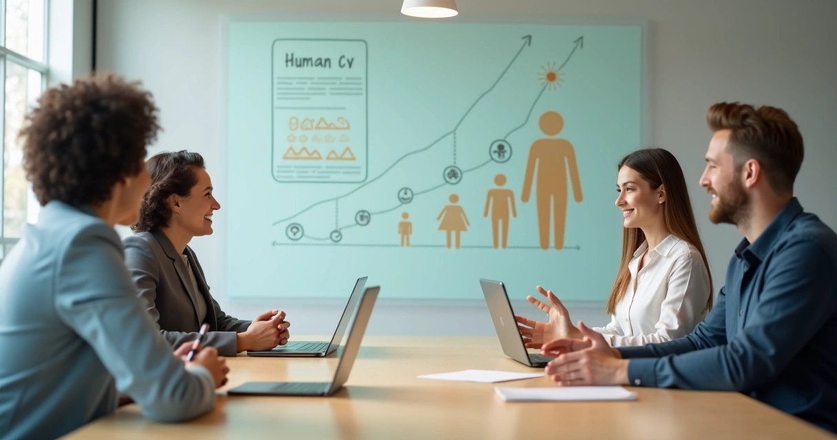 Recrutadores avaliando candidata em entrevista com foco humano e gráfico de valor ao fundo 