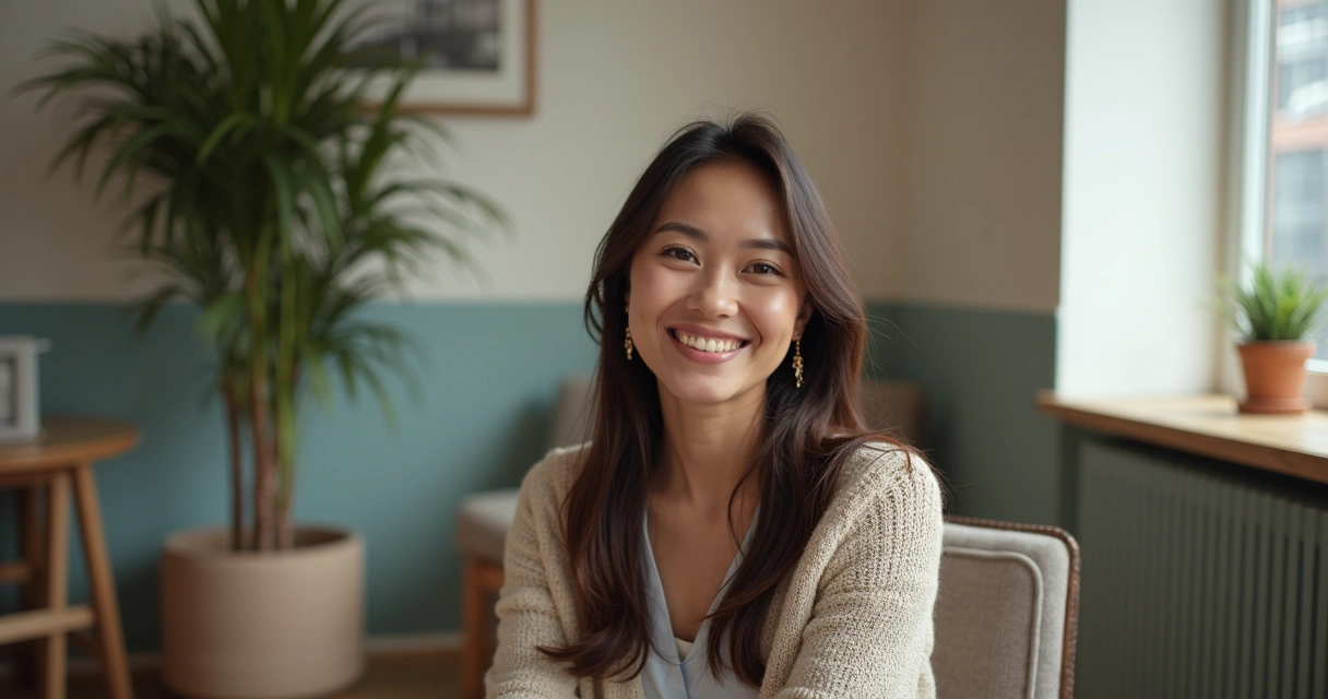 Entrevistado em ambiente confortável sorrindo para câmera 