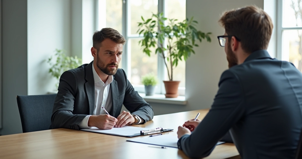 Recrutador segura uma prancheta enquanto faz perguntas para candidato durante entrevista de emprego 