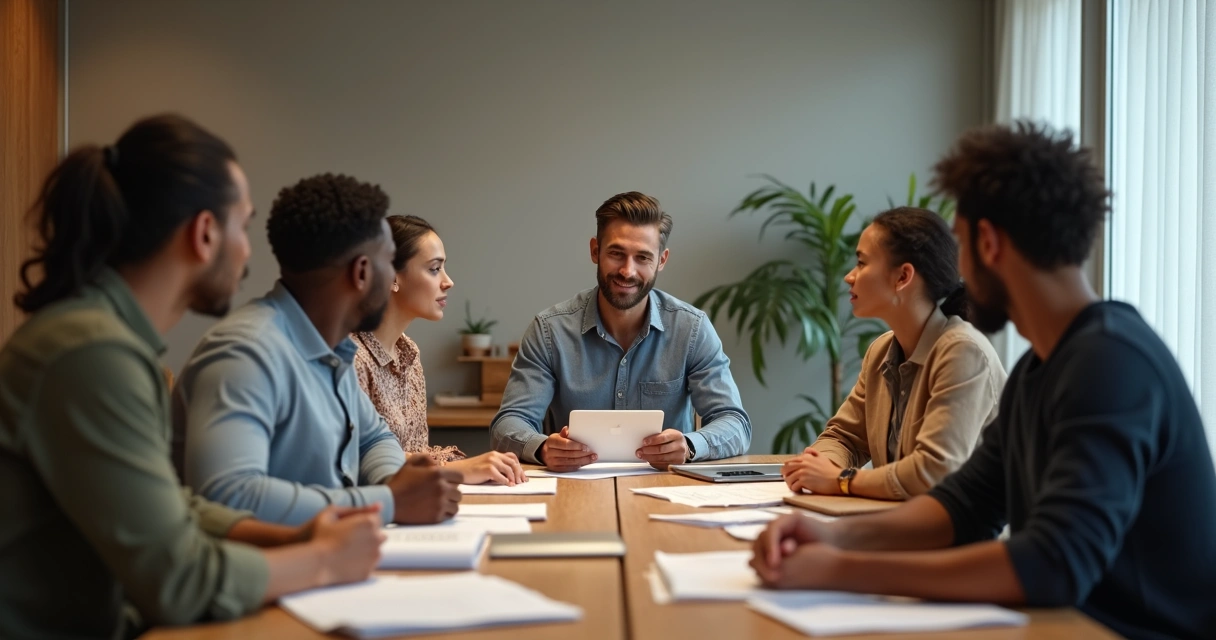 Entrevistador em reunião de recrutamento com equipe diversa 