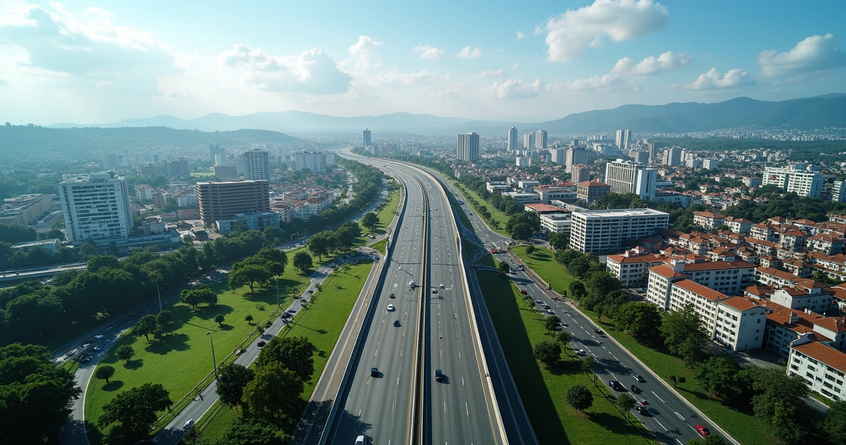 Entroncamento de rodovias com paisagem urbana ao fundo em Paulínia 