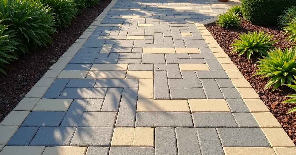 Close-up of interlocking pavers with polymeric sand joints and edge restraint along covered entry walkway 